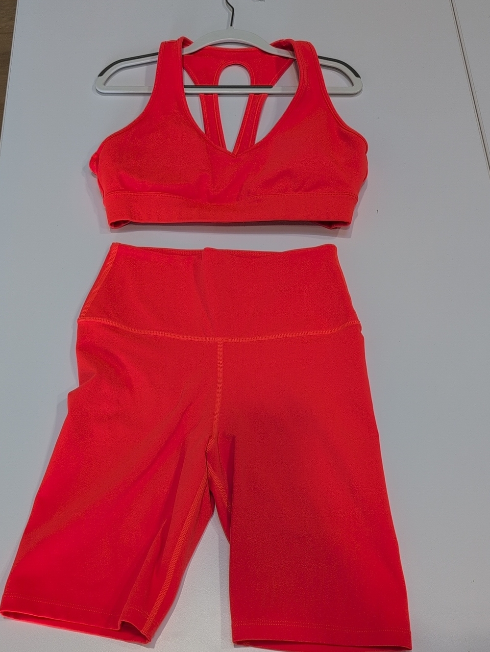 Neon Orange Workout Set - Sports Bra + High-Waist Bike Shorts